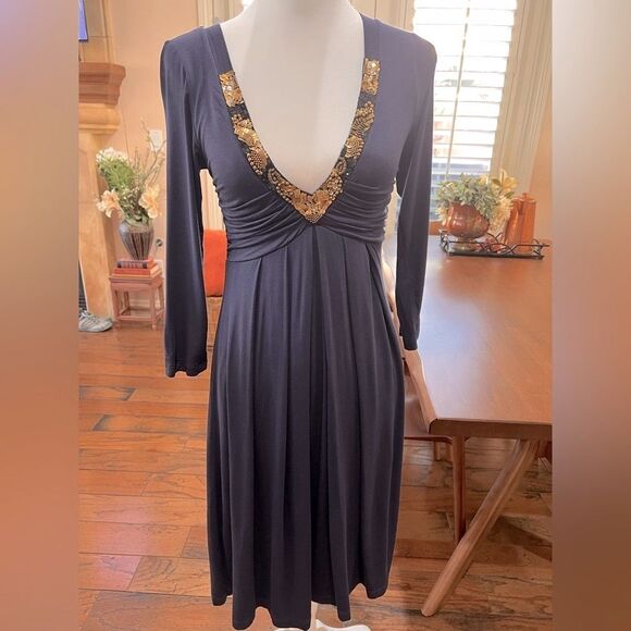 Velvet by Graham & Spencer Navy Beaded V-Neck Empire Waist Midi Dress S NWT USA - Picture 6 of 10